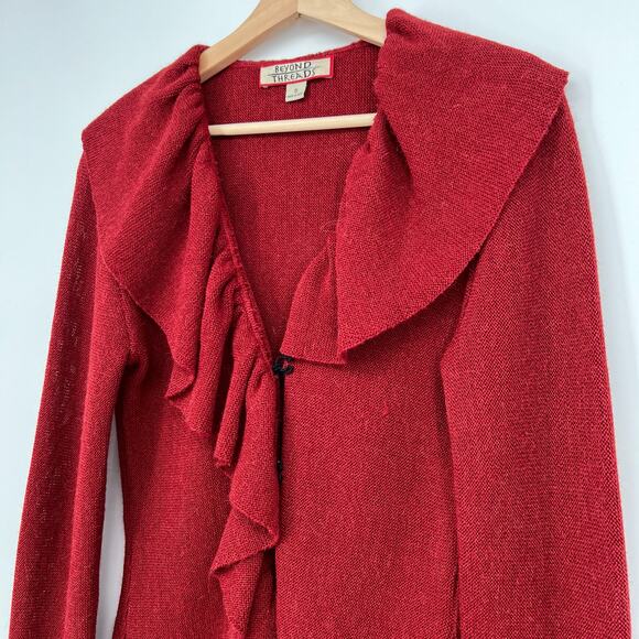 Beyond Threads Alpaca Wool Blend Cardigan Sweater Small Red Ruffle Bell Sleeves - Picture 3 of 10